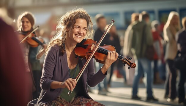 A woman is smiling and holding a violin