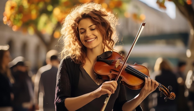 A woman is smiling and holding a violin