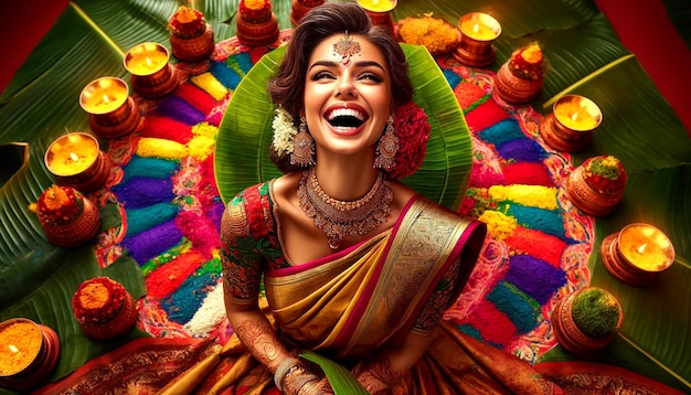 a woman is smiling and laughing in front of a colorful background