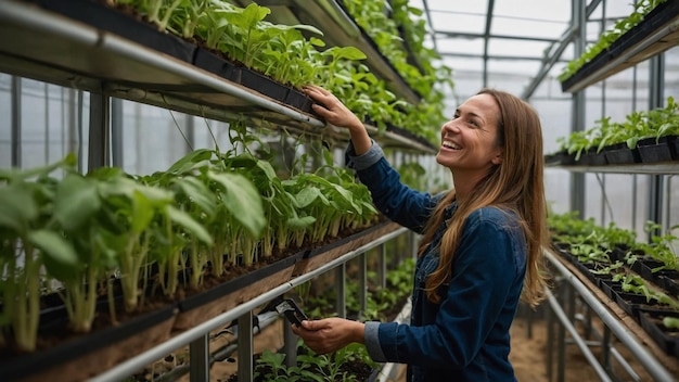 a woman is smiling and looking at a bunch of lettuce