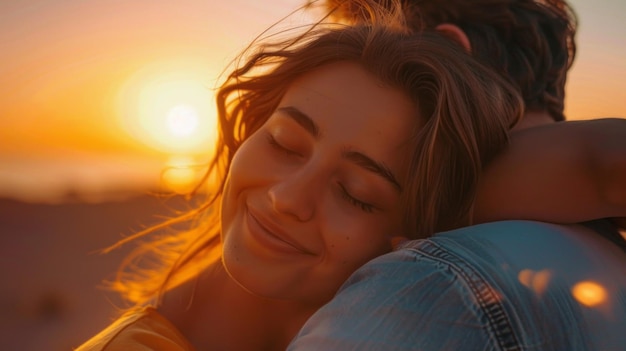 The woman is smiling and looking at the camera and the man is holding her close