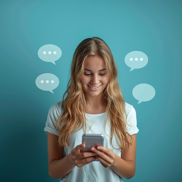 Photo a woman is smiling and looking at a phone with the words  i love you  on the screen