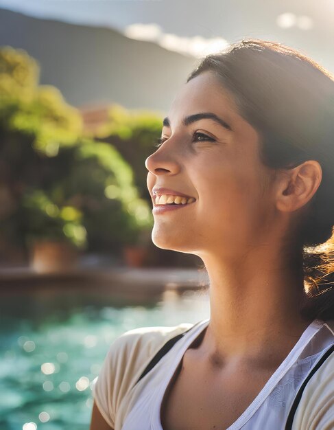 A woman is smiling and looking up at the sky