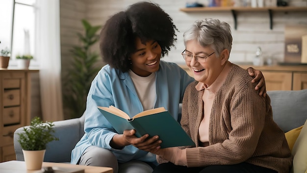 a woman is smiling next to an older woman