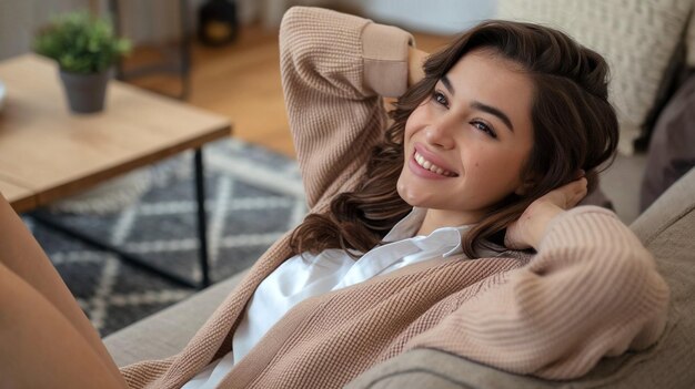 Photo a woman is smiling and smiling on a couch