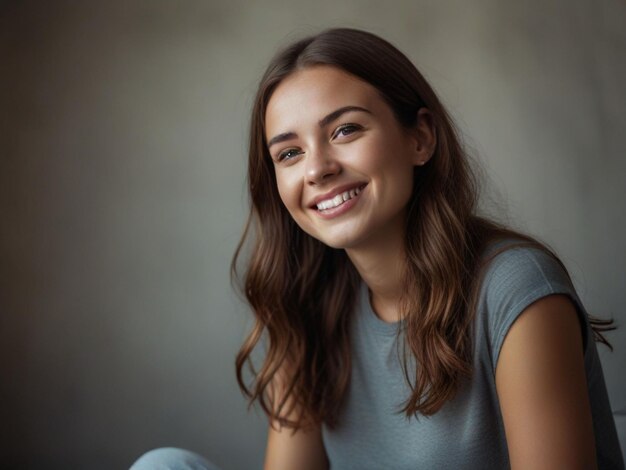 a woman is smiling and smiling with a gray background