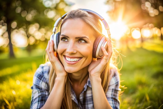 A woman is smiling and wearing headphones while sitting in a grassy field