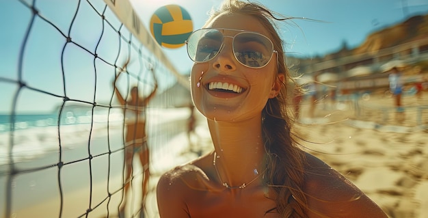 A woman is smiling and wearing sunglasses while holding a volleyball