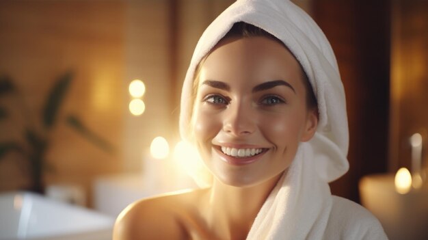 A woman is smiling and wearing a white towel