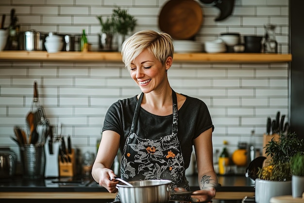 Photo a woman is smiling while cooking in the kitchen