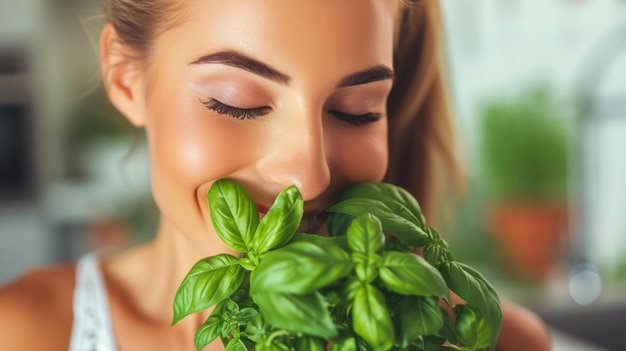 A woman is smiling while holding a basil plant in her mouth ai