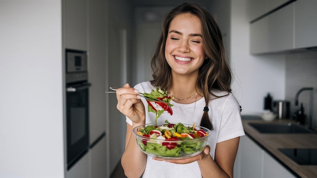 a woman is smiling while holding a bowl of salad