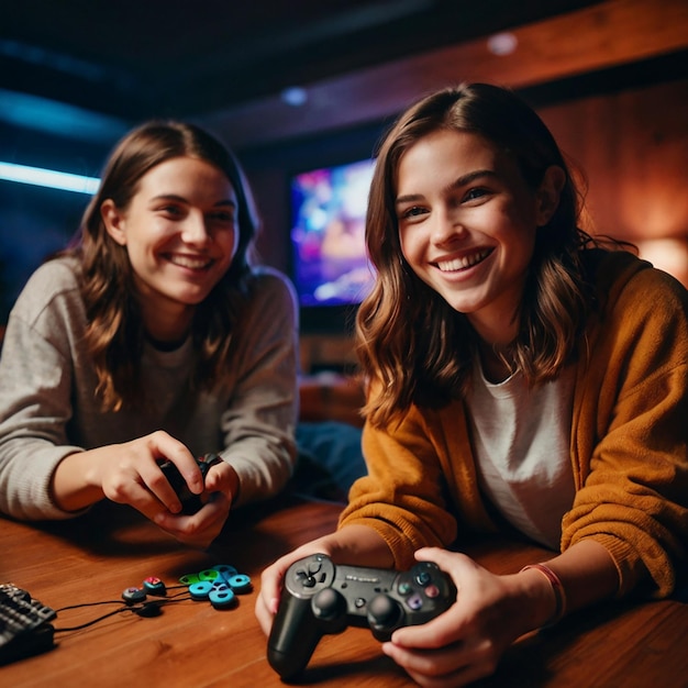 a woman is smiling while holding a remote control