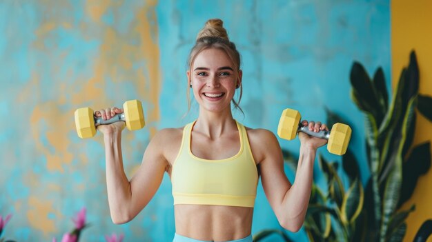 A woman is smiling while holding two dumbbells