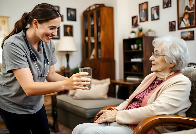 Photo a woman is smiling while a nurse holds a glass of water