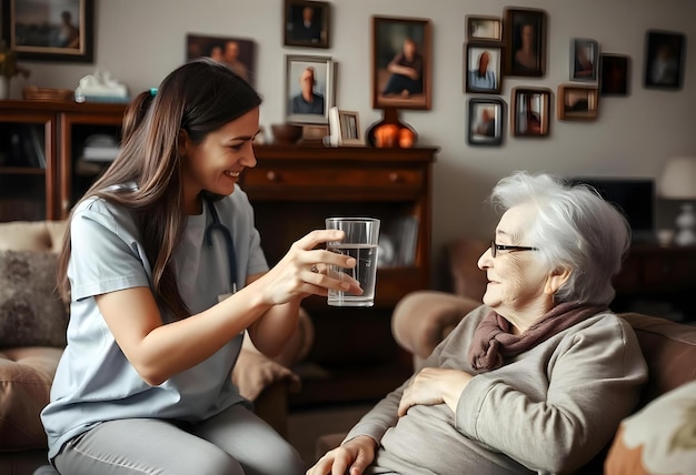 Photo a woman is smiling while a nurse holds a glass of water