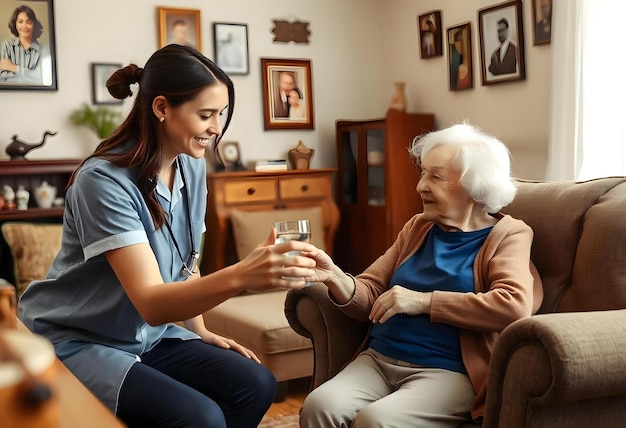 Photo a woman is smiling while a nurse holds a glass of water