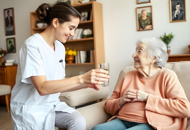 Photo a woman is smiling while a nurse holds a glass of water