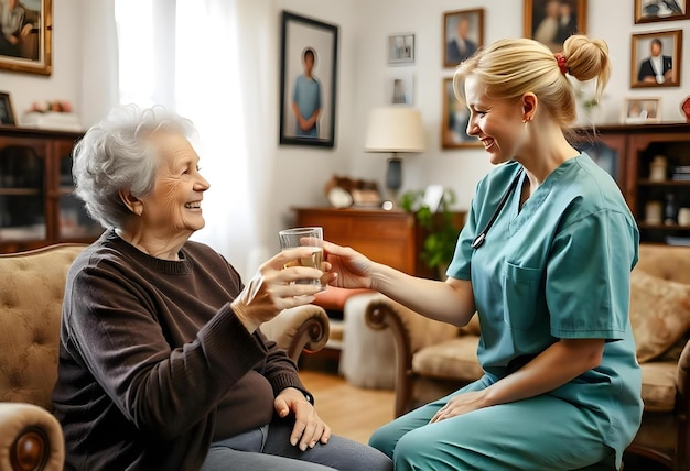 Photo a woman is smiling while a nurse holds a glass of water