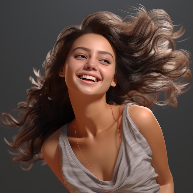 a woman is smiling with her hair blowing in the wind