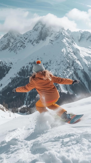 Photo a woman is snowboarding down a mountain