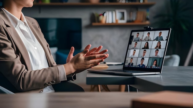 Photo a woman is speaking in front of a laptop with the words  medical  on the screen