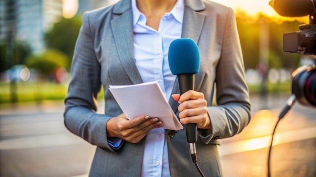 Photo a woman is speaking into a microphone and holding a microphone