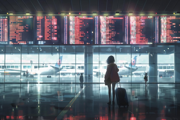 A woman is standing in an airport with a suitcase