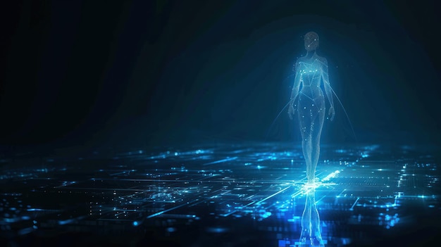 Photo a woman is standing on a blue surface with a glowing body