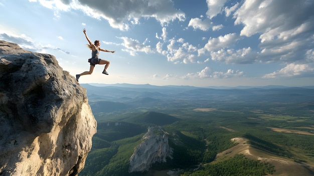 a woman is standing on a cliff with a mountain in the background