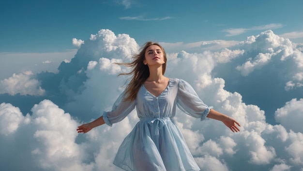 A woman is standing in the clouds wearing a blue dress