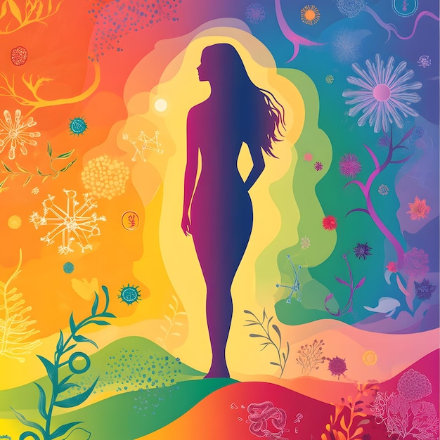 a woman is standing in a colorful painting with flowers and the word quot love quot