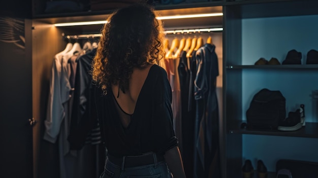 A woman is standing in a dark room with a closet full of clothes