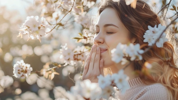 A woman is standing in a field of white flowers with her mouth open