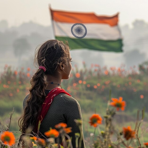 a woman is standing in a field with a flag in the background