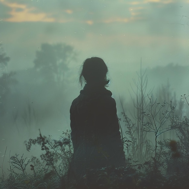 a woman is standing in a field with the sun setting behind her