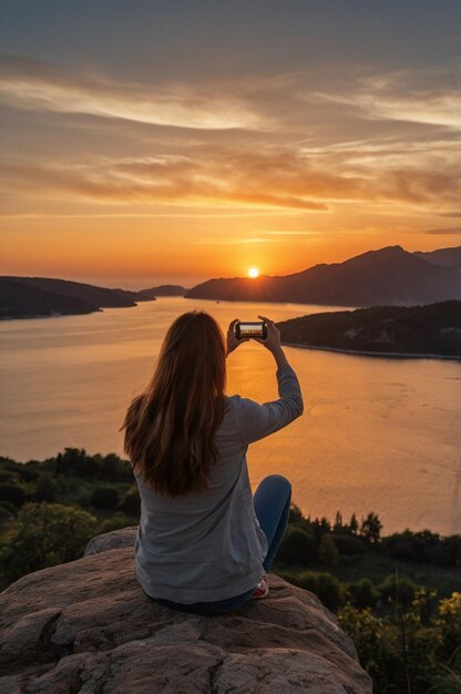 Photo a woman is standing in a field with a sunset in the background