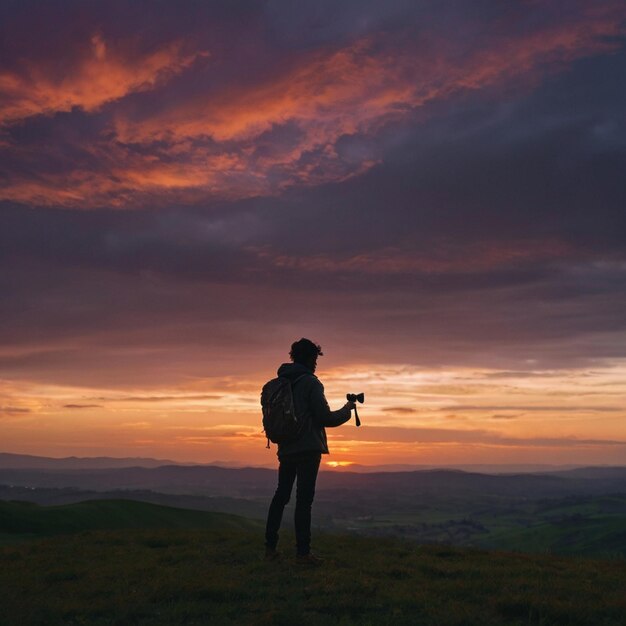 Photo a woman is standing in a field with a sunset in the background