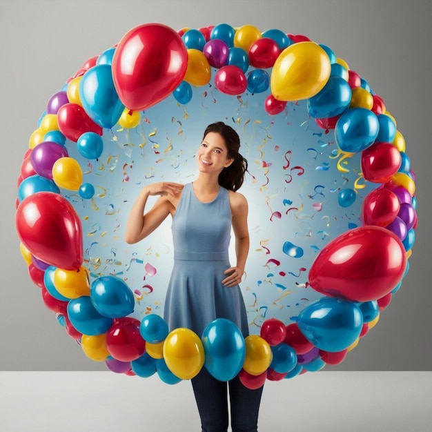 Photo a woman is standing in front of balloons and the words quot happy birthday quot