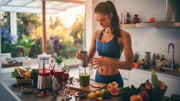 a woman is standing in front of a blender with a green liquid