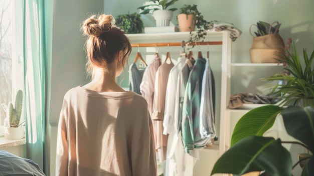 A woman is standing in front of a closet with a bunch of clothes hanging on it