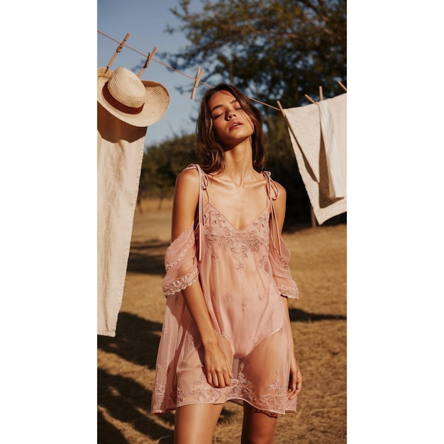 Photo a woman is standing in front of a clothes line