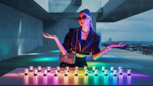 a woman is standing in front of a colorful display of lights