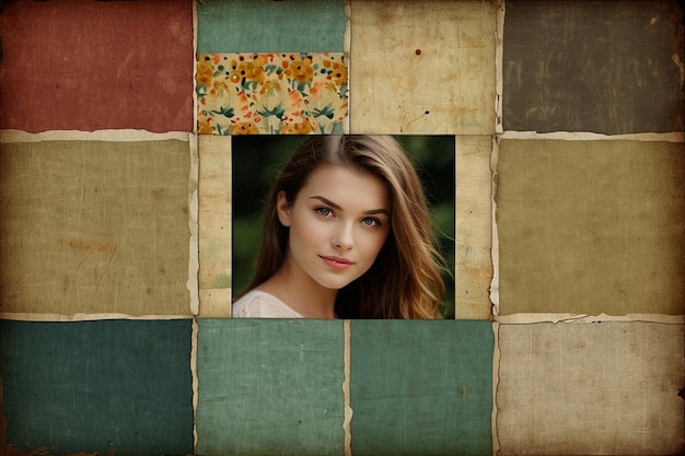 a woman is standing in front of a colorful wall with a picture of a woman