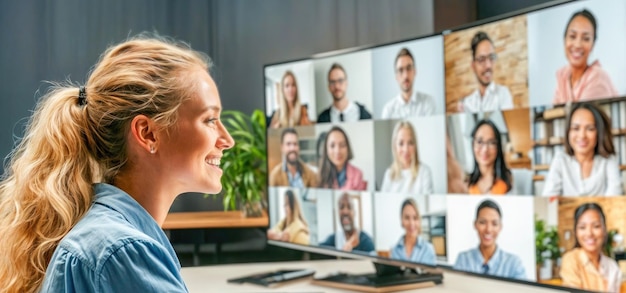 Photo a woman is standing in front of a computer screen with several people in the background