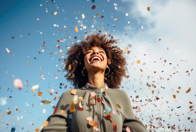 Photo a woman is standing in front of confetti and confetti