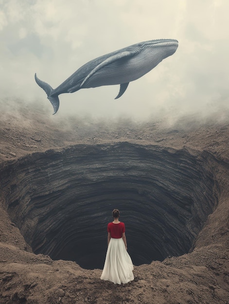 Photo a woman is standing in front of a dolphin that is looking into a hole