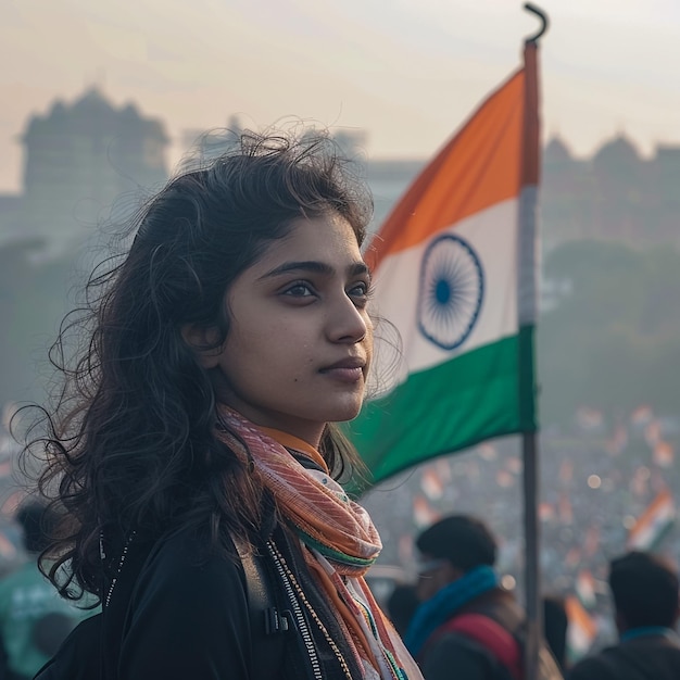 a woman is standing in front of a flag that says quot india quot