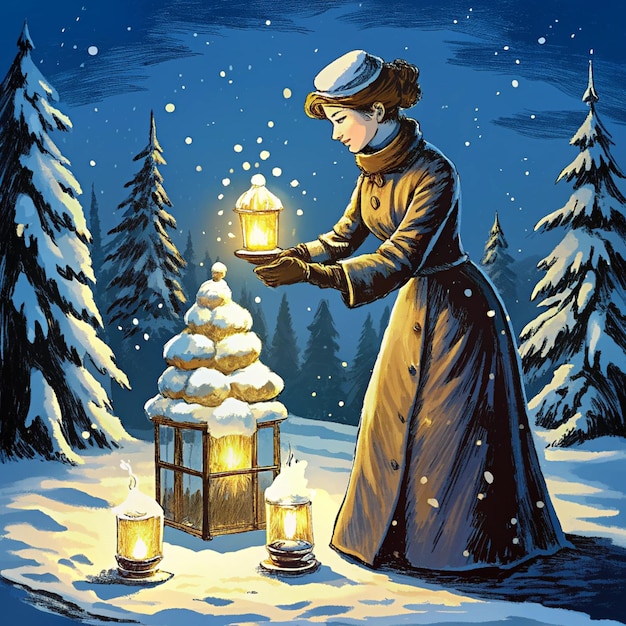 Photo a woman is standing in front of a lantern that says quot a christmas quot