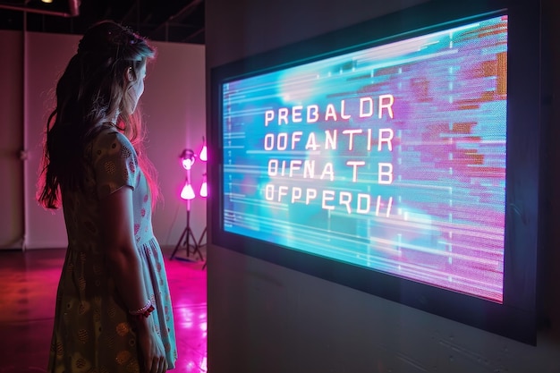 Photo a woman is standing in front of a large screen displaying the words pregnant or n in a room a digital screen displaying the words pregnant or not pregnant